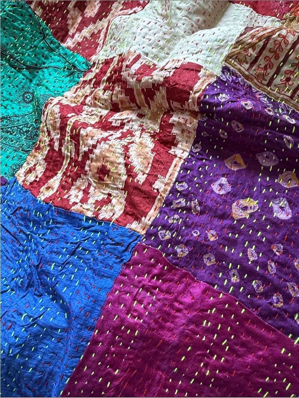 Handmade Multicolor Patchwork Kantha silk scarf NWOT - Picture 2 of 4